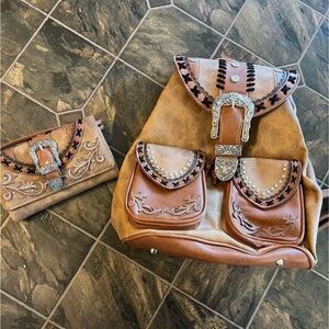 Western style backpack with matching wallet